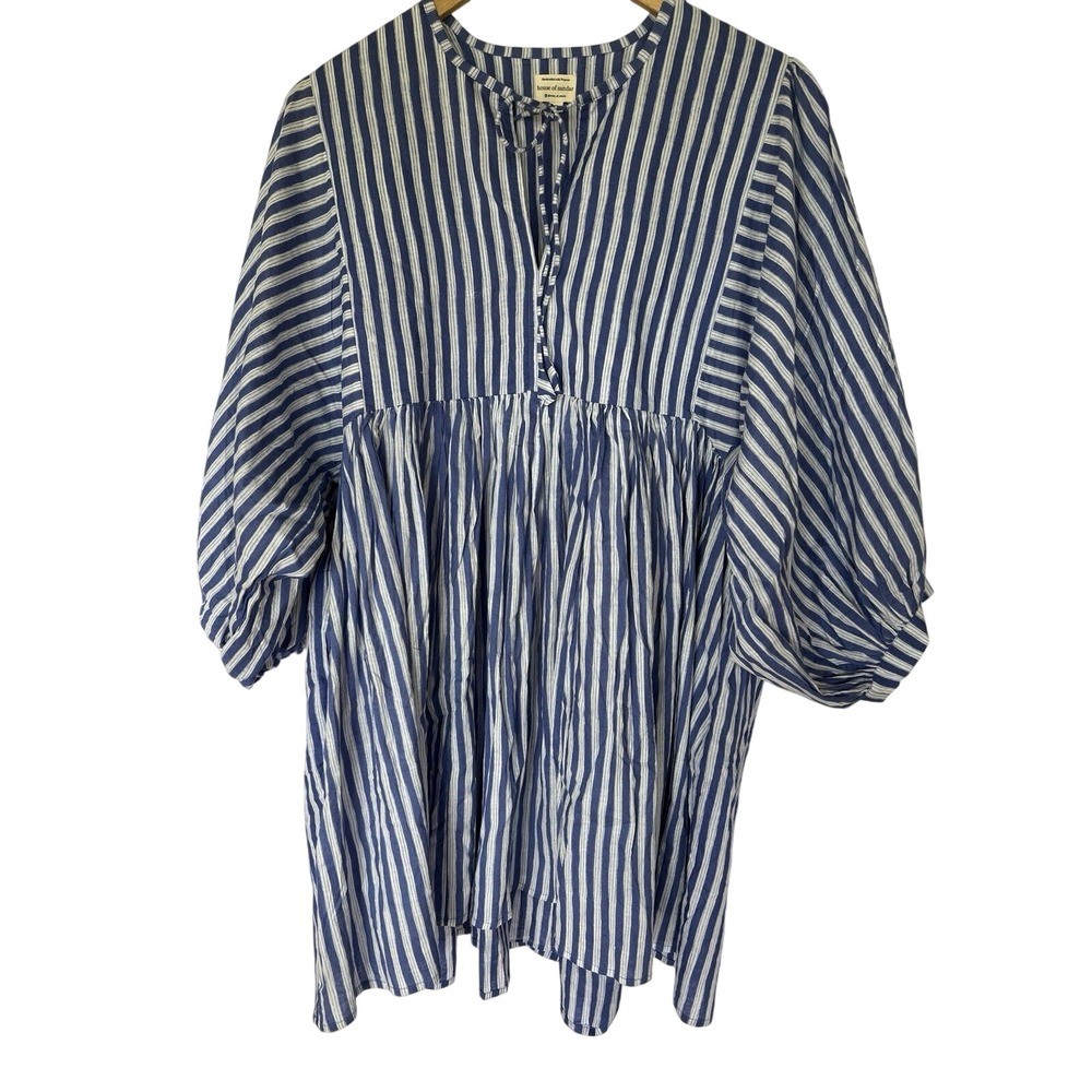 House‎ of Sundar 100% Cotton Blue Stripe Babydoll Tunic Boho Puff Sleeve Top S